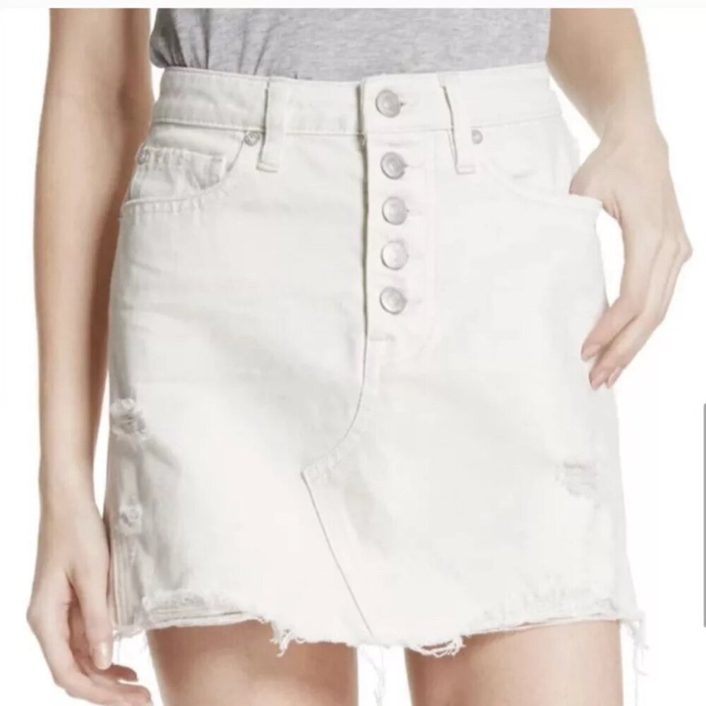 Free People White Distressed Button-Front Mini Skirt